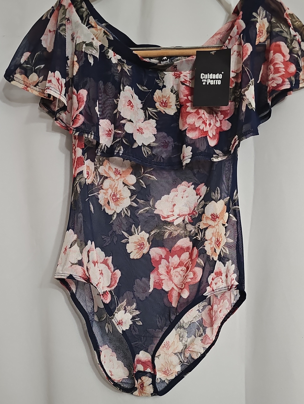 Sheer Floral Print Bodysuit Mesh Tag Size Medium Navy NWT Cuidado con el Perro